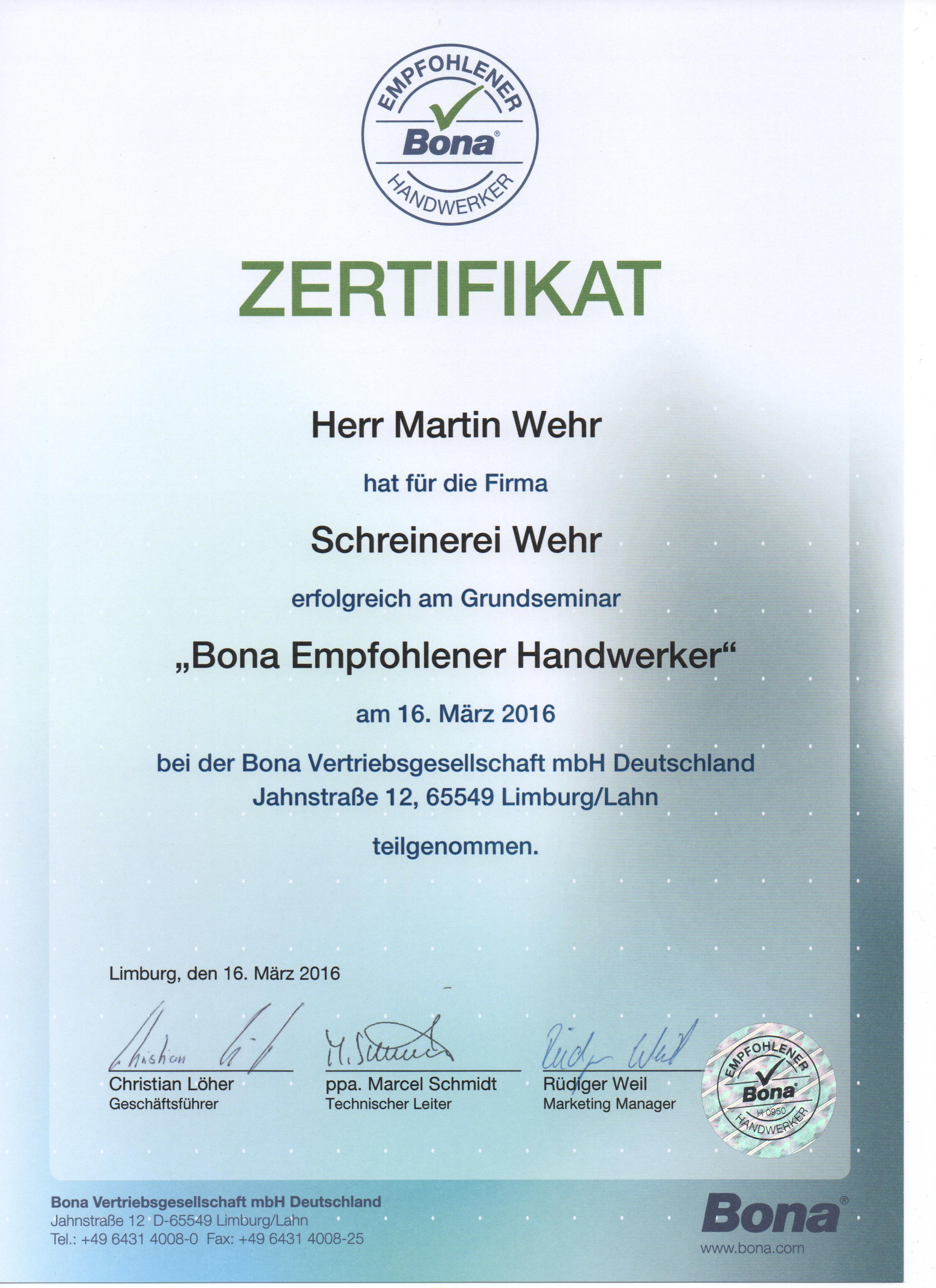 Zertifikat Bona